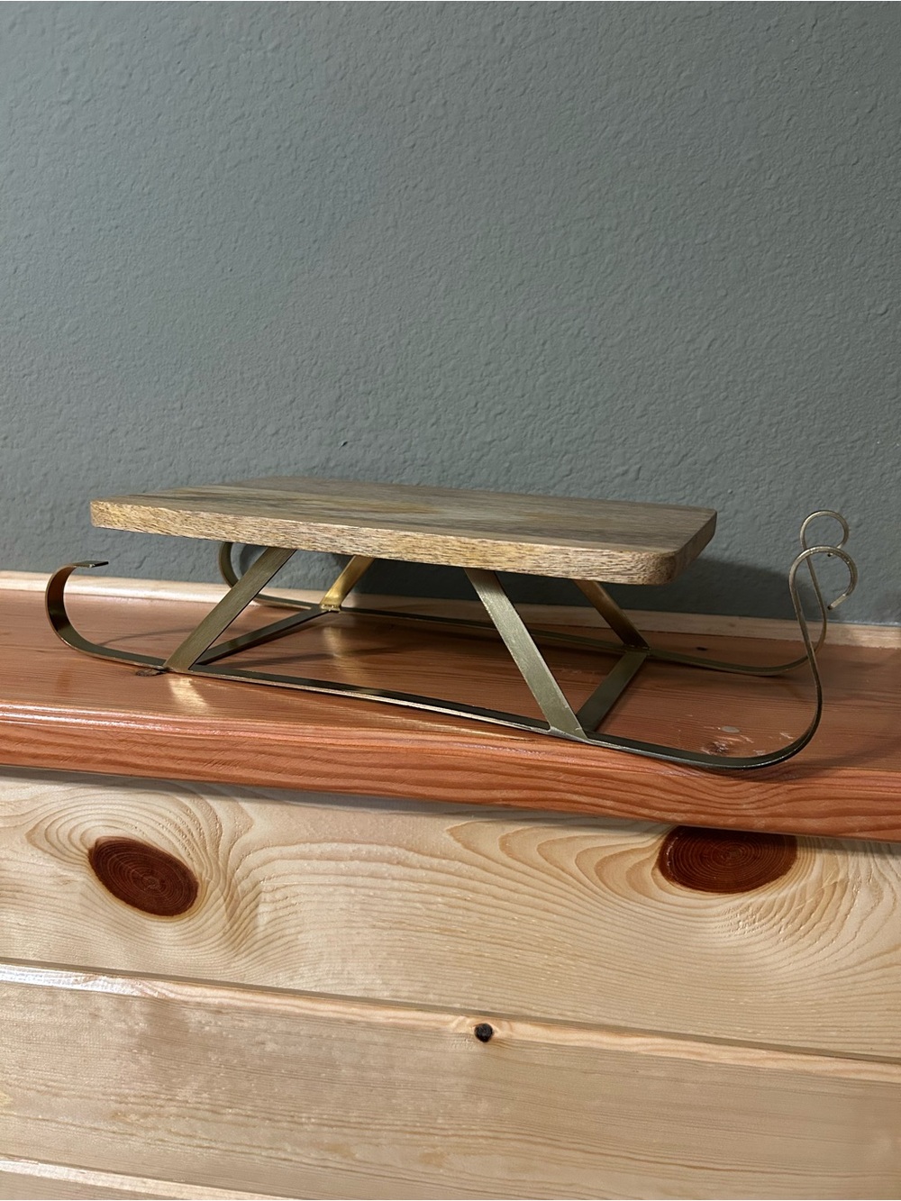 Threshold Gold Metal and Brown Wood Sled Serving Tray